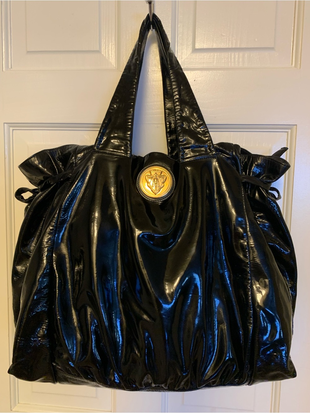 Gucci Hysteria Black Patent Leather Tote with Gold Medallion